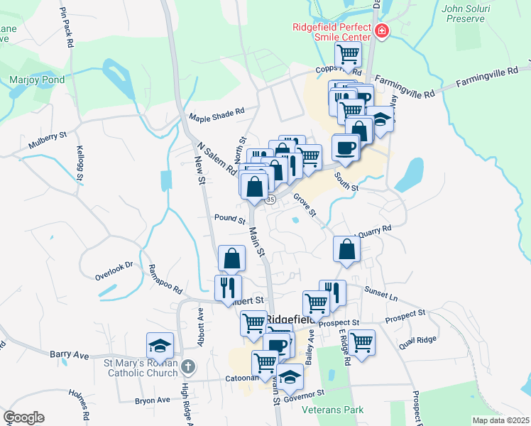 map of restaurants, bars, coffee shops, grocery stores, and more near 4 Stebbins Close in Ridgefield