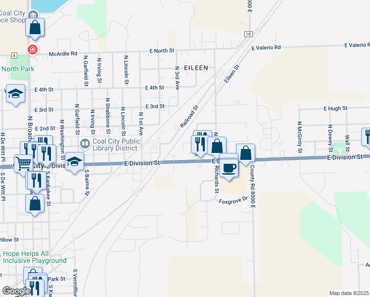 map of restaurants, bars, coffee shops, grocery stores, and more near 845 East 1st Street in Coal City