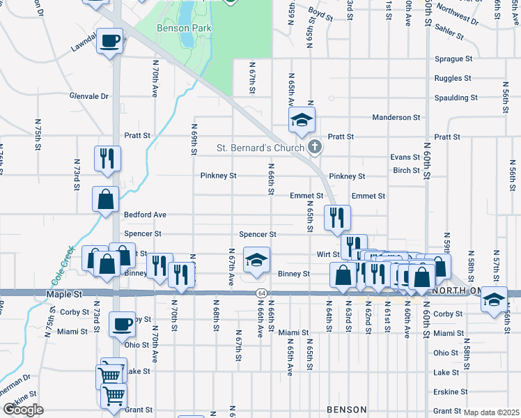 map of restaurants, bars, coffee shops, grocery stores, and more near 6614 Bedford Avenue in Omaha