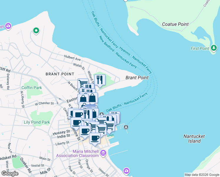 map of restaurants, bars, coffee shops, grocery stores, and more near 36 Easton Street in Nantucket
