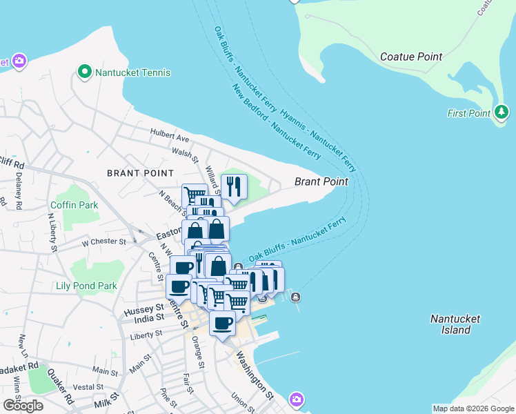 map of restaurants, bars, coffee shops, grocery stores, and more near 36 Easton Street in Nantucket