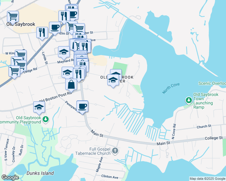 map of restaurants, bars, coffee shops, grocery stores, and more near 60 Sheffield Street in Old Saybrook