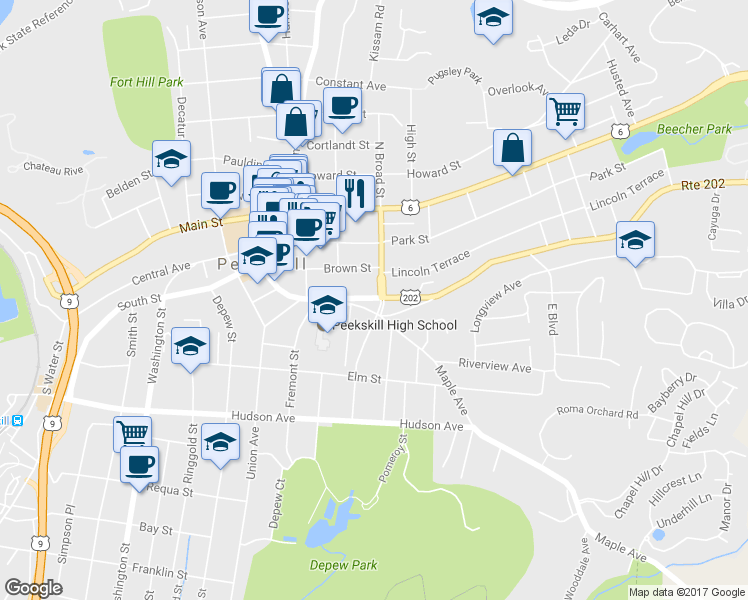 map of restaurants, bars, coffee shops, grocery stores, and more near 131 Crompond Road in Peekskill