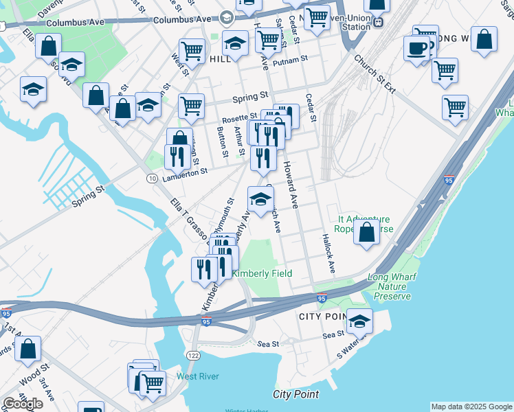 map of restaurants, bars, coffee shops, grocery stores, and more near 120 Kimberly Avenue in New Haven