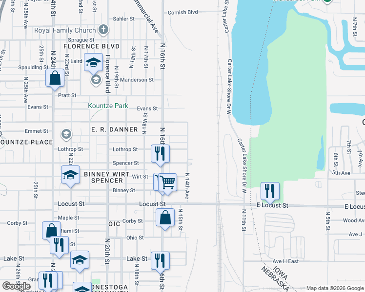 map of restaurants, bars, coffee shops, grocery stores, and more near 1458 Lothrop Street in Omaha