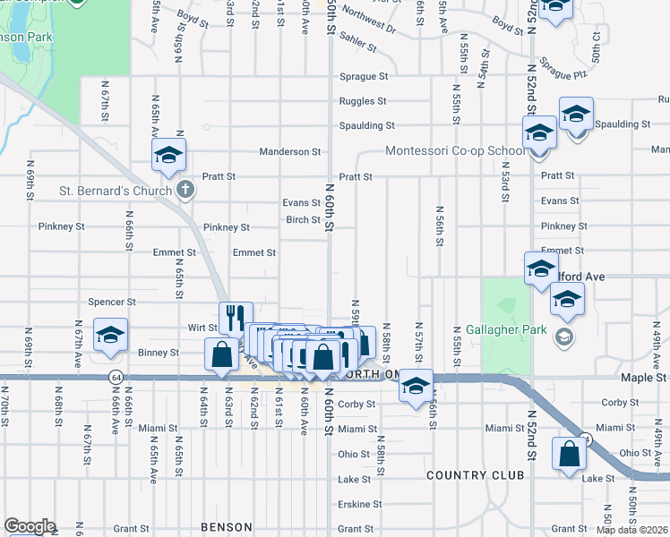 map of restaurants, bars, coffee shops, grocery stores, and more near 3311 North 60th Street in Omaha