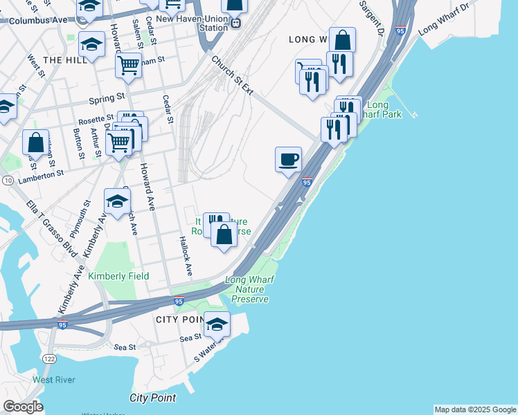 map of restaurants, bars, coffee shops, grocery stores, and more near 90 Sargent Drive in New Haven