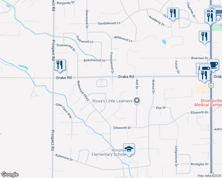 map of restaurants, bars, coffee shops, grocery stores, and more near 20243 Drake Road in Strongsville