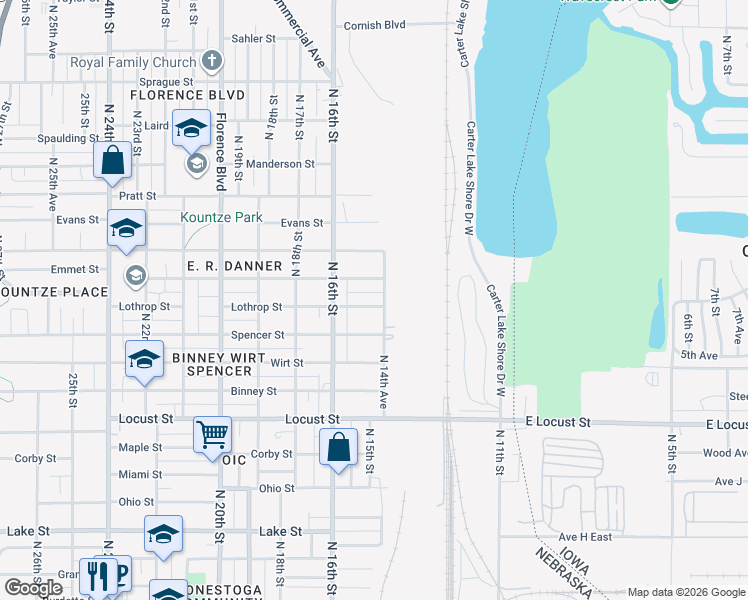 map of restaurants, bars, coffee shops, grocery stores, and more near 1458 Lothrop Street in Omaha