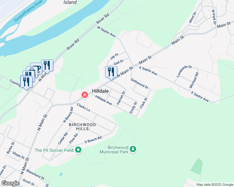 map of restaurants, bars, coffee shops, grocery stores, and more near 45 Farrell St in Wilkes-Barre