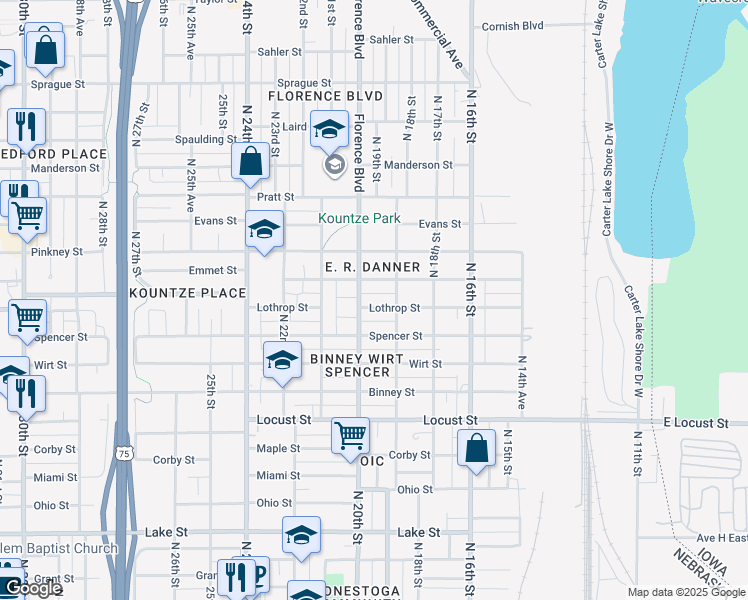 map of restaurants, bars, coffee shops, grocery stores, and more near 1920 Lothrop Street in Omaha