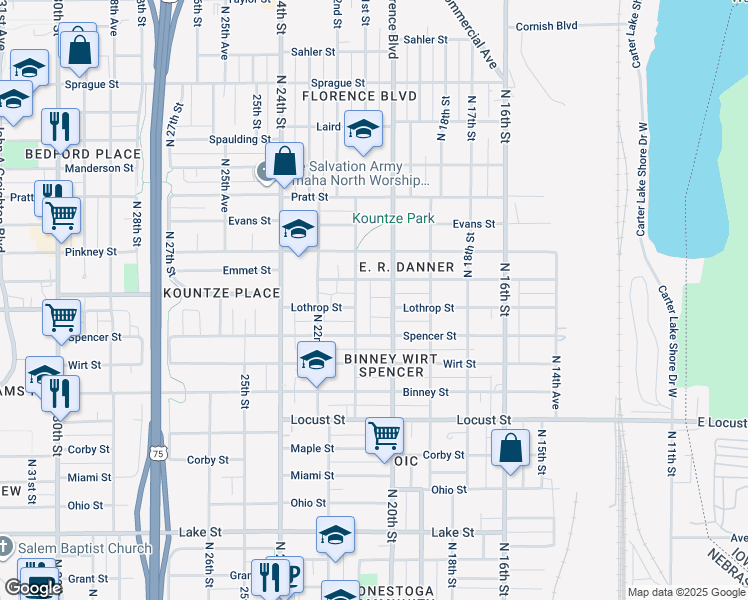 map of restaurants, bars, coffee shops, grocery stores, and more near 3253 North 20th Court in Omaha