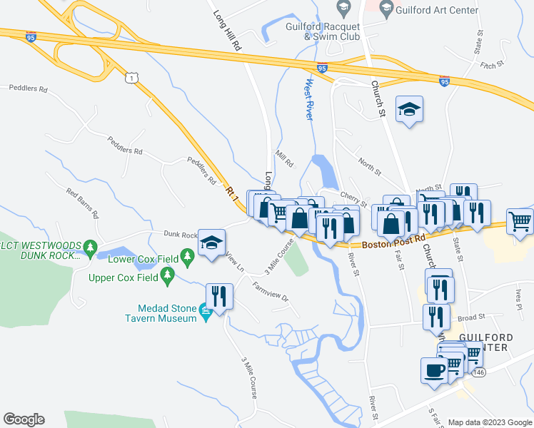 map of restaurants, bars, coffee shops, grocery stores, and more near 10 Long Hill Road in Guilford