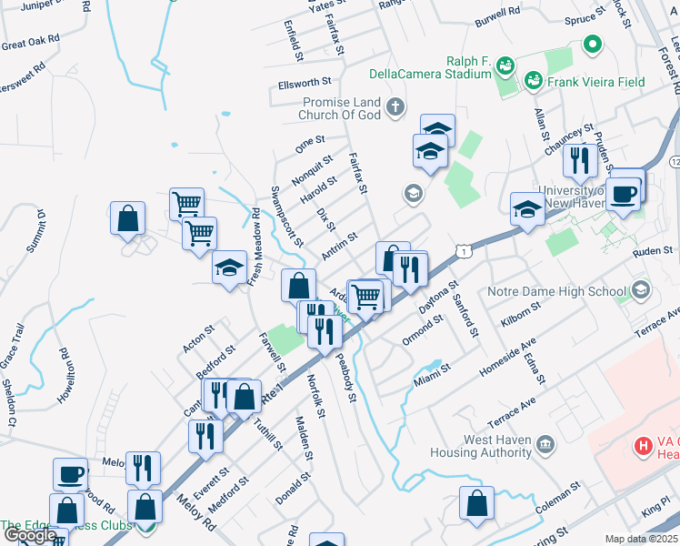 map of restaurants, bars, coffee shops, grocery stores, and more near 92 Tetlow Street in West Haven
