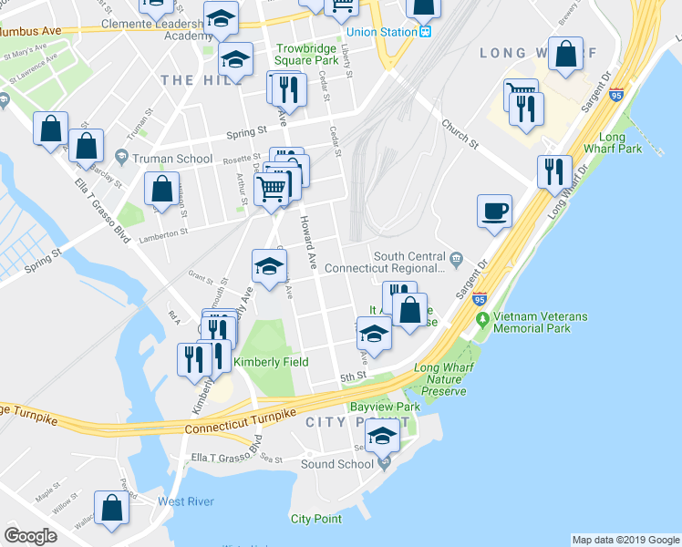 map of restaurants, bars, coffee shops, grocery stores, and more near in New Haven
