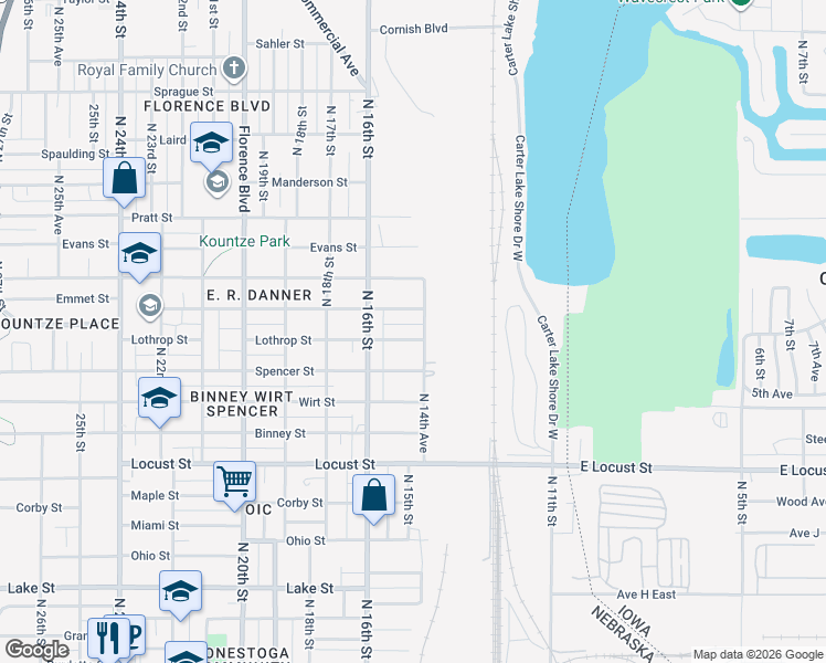 map of restaurants, bars, coffee shops, grocery stores, and more near 1458 Lothrop Street in Omaha