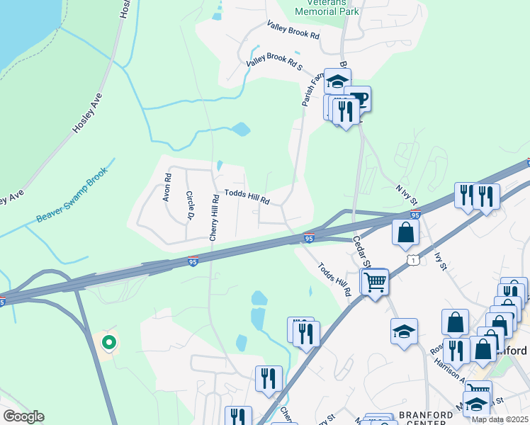 map of restaurants, bars, coffee shops, grocery stores, and more near 29 O Brien Road in Branford