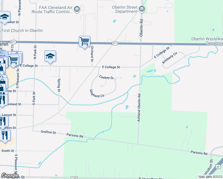 map of restaurants, bars, coffee shops, grocery stores, and more near 223 Shipherd Circle in Oberlin