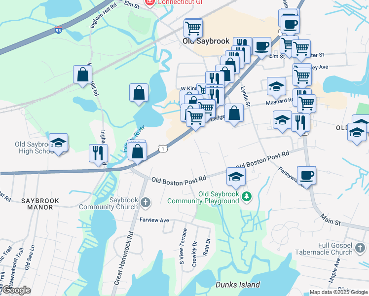 map of restaurants, bars, coffee shops, grocery stores, and more near 1000 Boston Post Road in Old Saybrook
