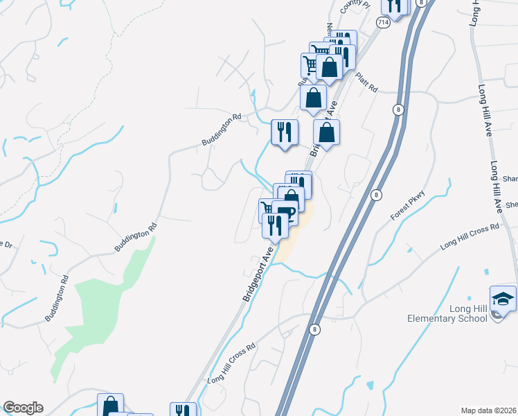 map of restaurants, bars, coffee shops, grocery stores, and more near 93 Woodland Park in Shelton