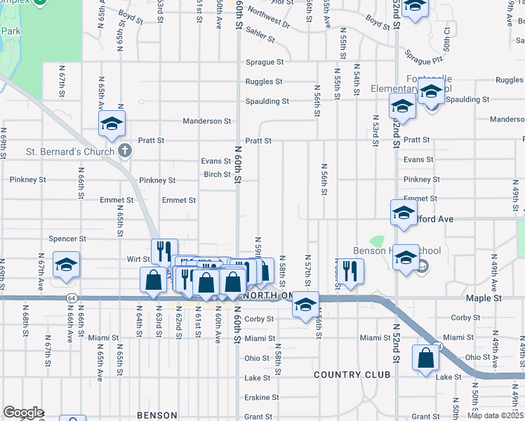 map of restaurants, bars, coffee shops, grocery stores, and more near 3315 North 59th Street in Omaha