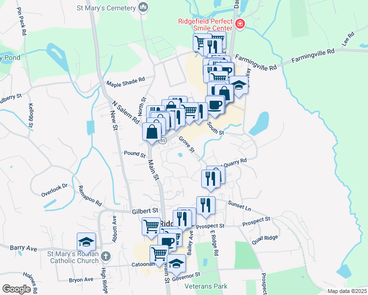 map of restaurants, bars, coffee shops, grocery stores, and more near 60 Olcott Way in Ridgefield