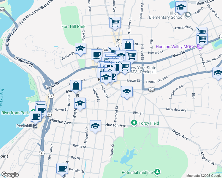 map of restaurants, bars, coffee shops, grocery stores, and more near 921 1st Street in Peekskill