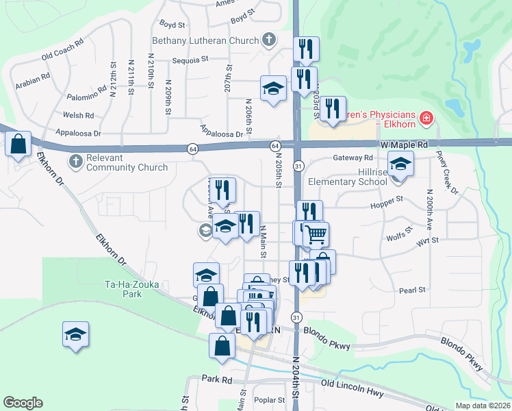 map of restaurants, bars, coffee shops, grocery stores, and more near 3332 North Main Street in Omaha