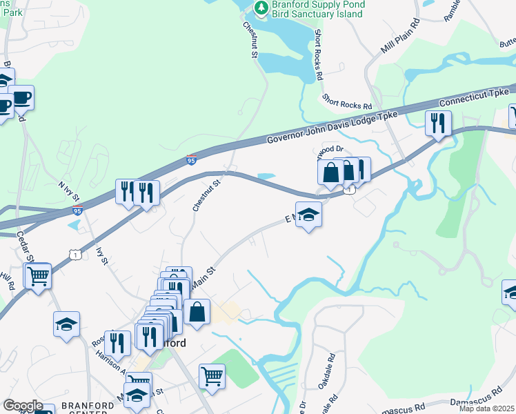 map of restaurants, bars, coffee shops, grocery stores, and more near 251 North Main Street in Branford