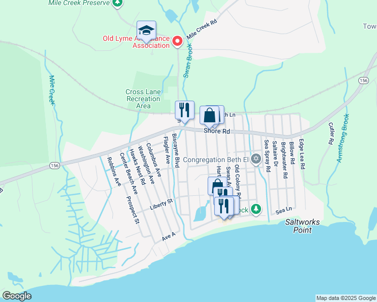 map of restaurants, bars, coffee shops, grocery stores, and more near 18 Corsino Avenue in Old Lyme