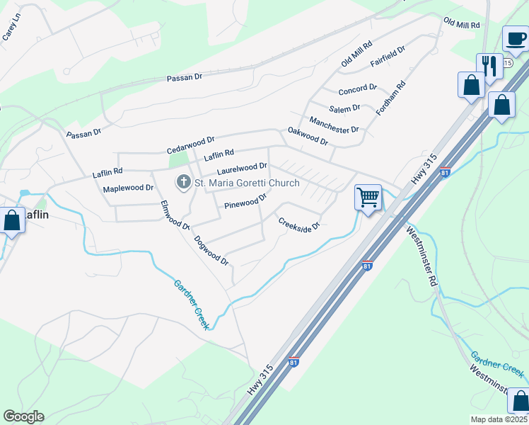 map of restaurants, bars, coffee shops, grocery stores, and more near 1 Hickorywood Drive in Wilkes-Barre
