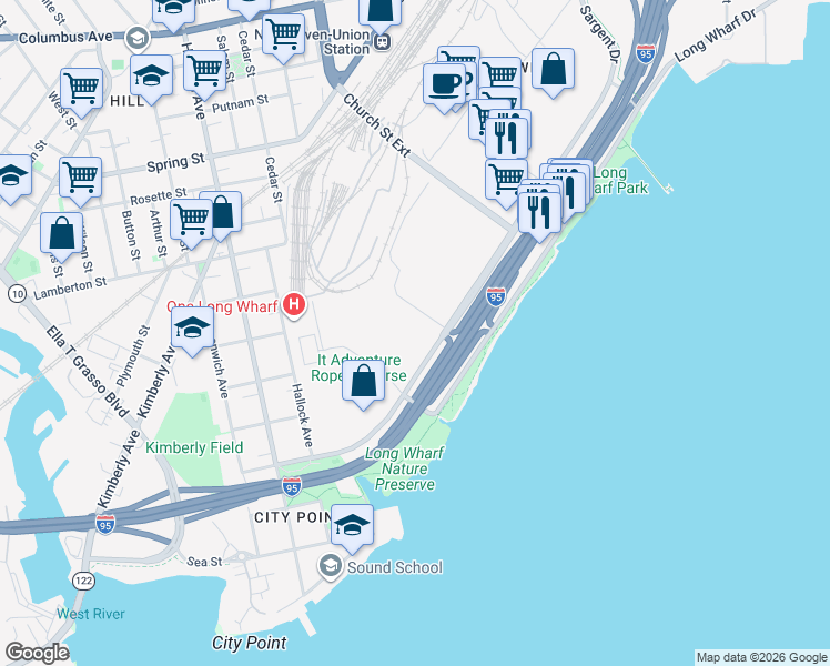map of restaurants, bars, coffee shops, grocery stores, and more near 90 Sargent Drive in New Haven