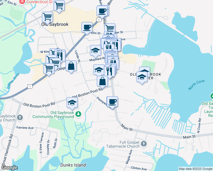 map of restaurants, bars, coffee shops, grocery stores, and more near 19 Old Boston Post Road in Old Saybrook