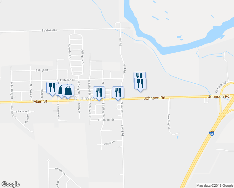 map of restaurants, bars, coffee shops, grocery stores, and more near 2650 East Division Street in Diamond