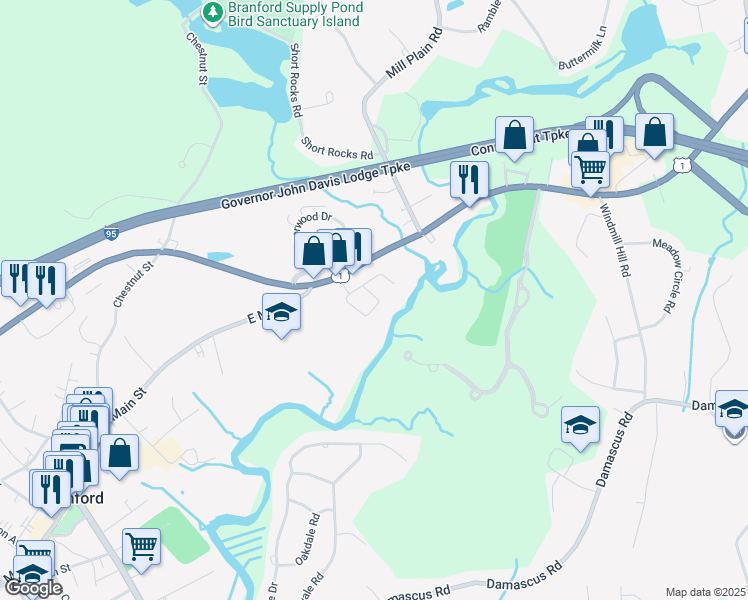 map of restaurants, bars, coffee shops, grocery stores, and more near 211 East Main Street in Branford