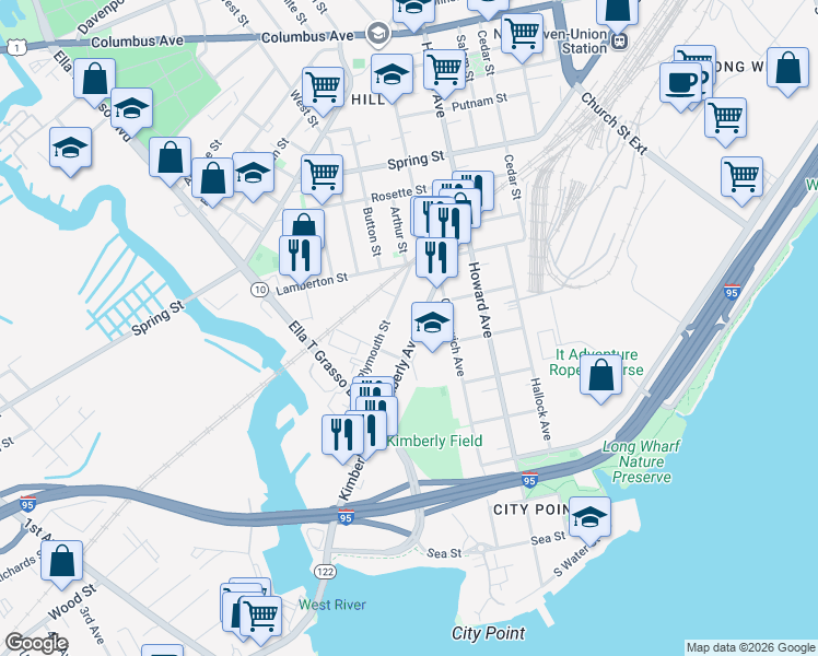 map of restaurants, bars, coffee shops, grocery stores, and more near 120 Kimberly Avenue in New Haven