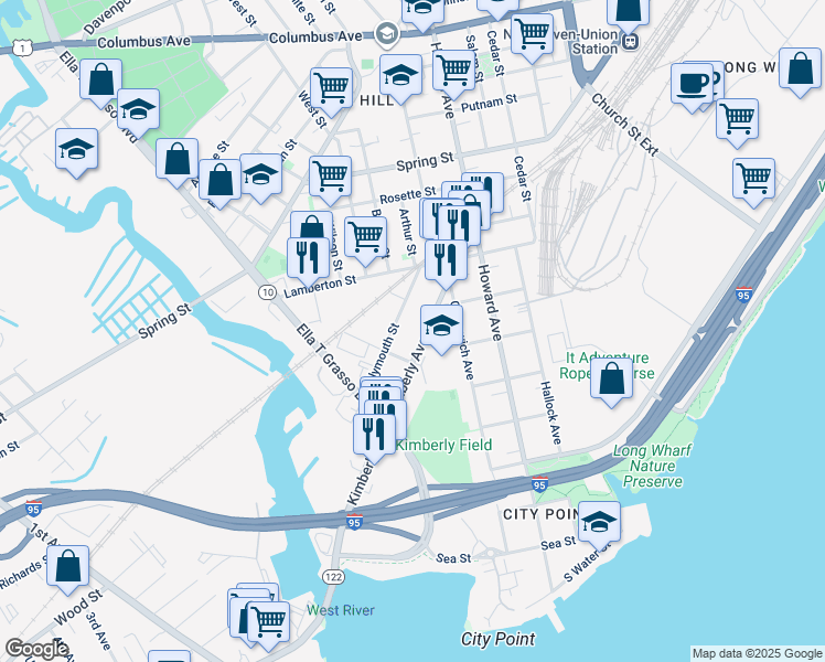 map of restaurants, bars, coffee shops, grocery stores, and more near 120 Kimberly Avenue in New Haven