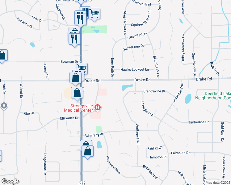 map of restaurants, bars, coffee shops, grocery stores, and more near 18400 Sherbrooke Oval in Strongsville