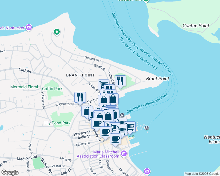 map of restaurants, bars, coffee shops, grocery stores, and more near 8 Walsh Street in Nantucket