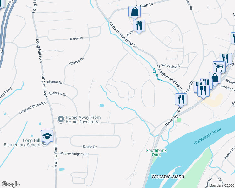 map of restaurants, bars, coffee shops, grocery stores, and more near 3 Cottage Court in Shelton