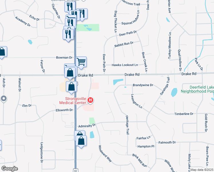 map of restaurants, bars, coffee shops, grocery stores, and more near 18400 Sherbrooke Oval in Strongsville