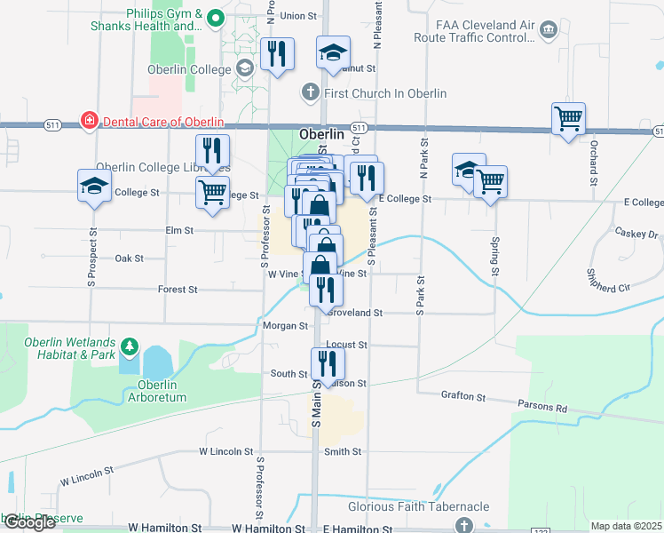 map of restaurants, bars, coffee shops, grocery stores, and more near 93 South Main Street in Oberlin