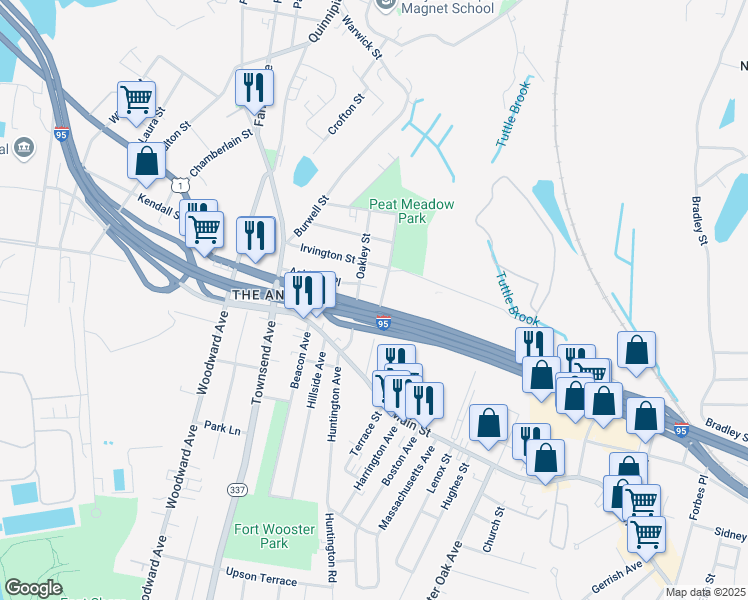 map of restaurants, bars, coffee shops, grocery stores, and more near 590 Forbes Avenue in New Haven