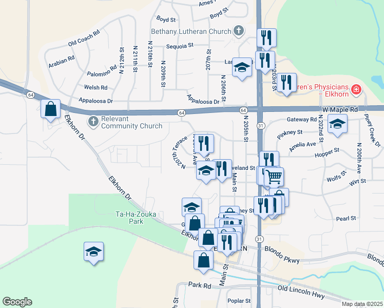 map of restaurants, bars, coffee shops, grocery stores, and more near 602 Emmet Street in Omaha