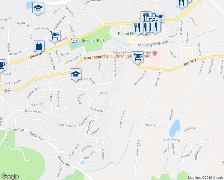 map of restaurants, bars, coffee shops, grocery stores, and more near 20 Spring Meadow Lane in Peekskill