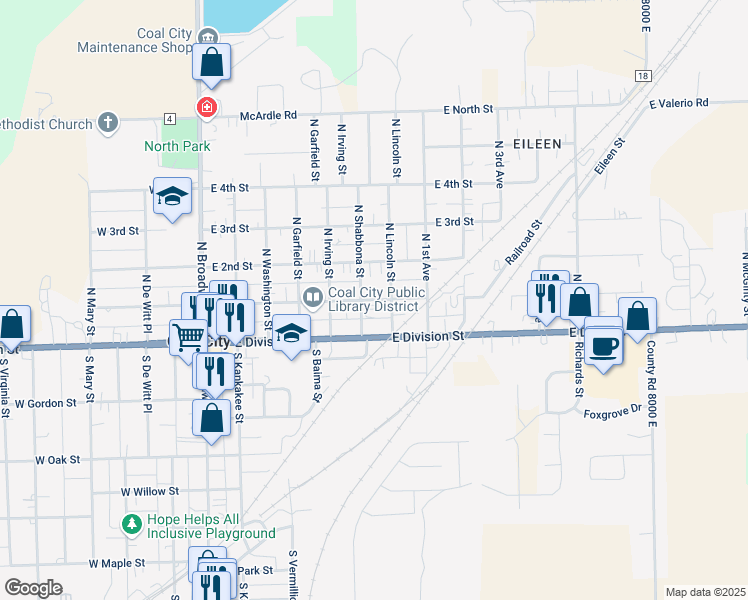 map of restaurants, bars, coffee shops, grocery stores, and more near 545 E 1st St in Coal City