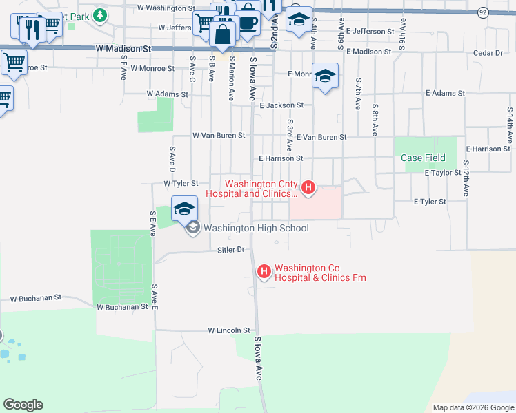 map of restaurants, bars, coffee shops, grocery stores, and more near 1002 South Iowa Avenue in Washington