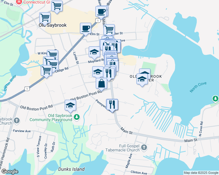 map of restaurants, bars, coffee shops, grocery stores, and more near 19 Old Boston Post Road in Old Saybrook