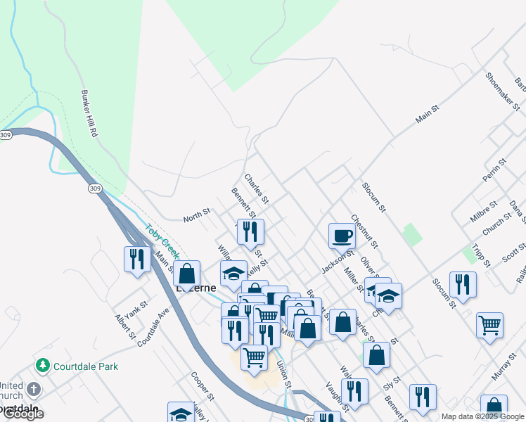 map of restaurants, bars, coffee shops, grocery stores, and more near 209 Bishop Ln in Luzerne