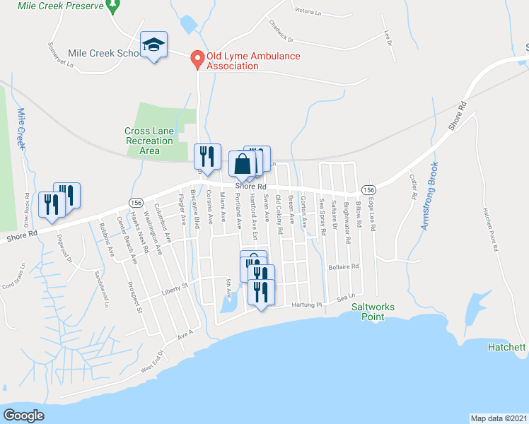 map of restaurants, bars, coffee shops, grocery stores, and more near 13 Swan Avenue in Old Lyme